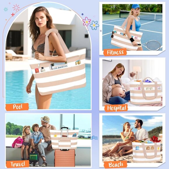 Women's Khaki White Waterproof Sandproof XL Tote Zipper Foldable Beach Bags - Picture 7 of 8